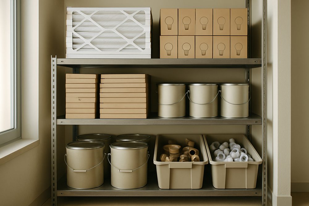 An organized maintenance supply closet with filters, bulbs and parts